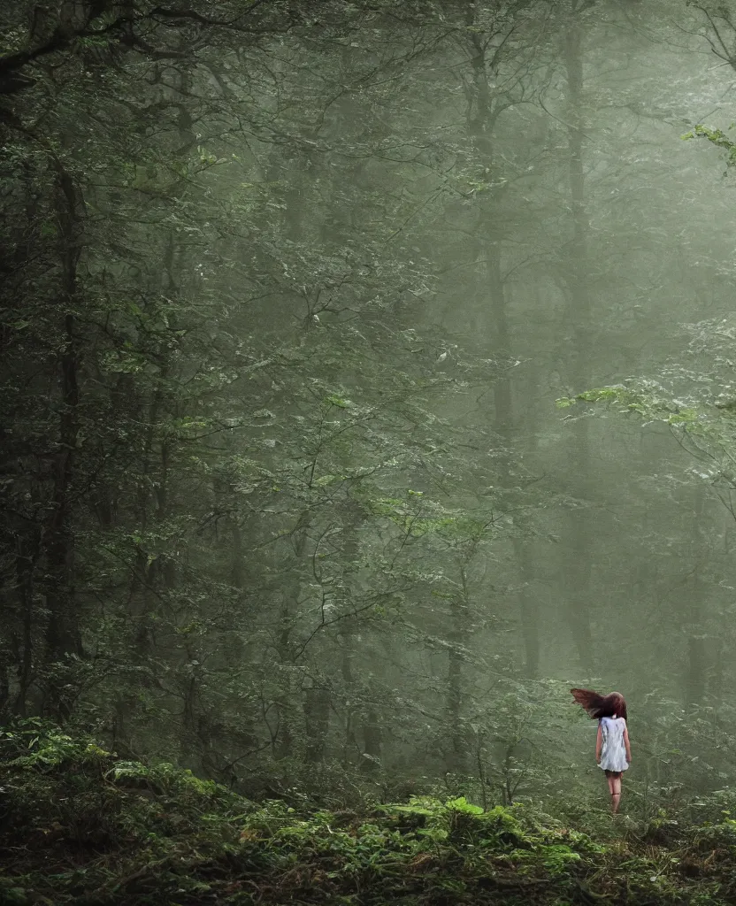 Image similar to dartmoor forest, cute female moth winged sprite creature, near camera, cinematic, bloom, cinematography, fog, magical