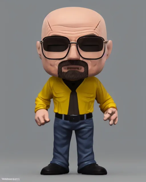 Image similar to full body 3d render of Walter White as a funko pop, studio lighting, white background, blender, trending on artstation, 8k, highly detailed