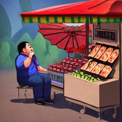 Prompt: near the street, a pockmarked Chinese fat guy,sitting behind a watermelon stall , with a cigarette in his mouth, looked at you contemptuously,digital art,trending on artstation.