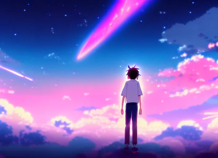 Image similar to pink and blue night sky, japanese anime, Your Name movie style, comet in sky, main character standing looking at sky, wallpaper, 4k, 8k, digital art