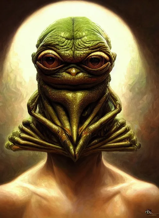 Image similar to 4 chan pepe, ancient sumerian god kek, sad, portrait, intricate, elegant, highly detailed, digital painting, artstation, concept art, wallpaper, smooth, sharp focus, illustration, art by h. r. giger and artgerm and greg rutkowski and alphonse mucha