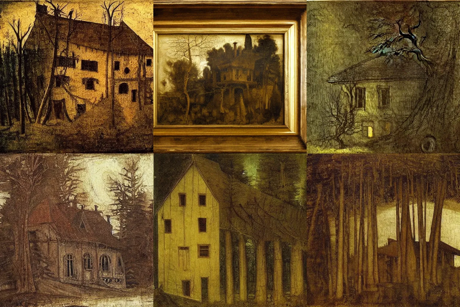 Prompt: a scary house in a forest painting by leonardo davinci, high quality