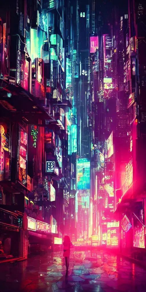 Image similar to cyberpunk city at night, night clubs and neons, rain, camera above roofs, girl under lantern