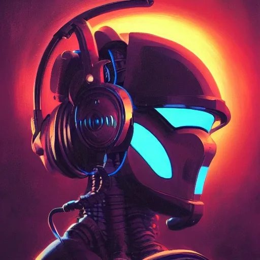 Prompt: a dark and colorful close - up side profile portrait of a sci - fi mecha robot with headphones, led lights glowing fog in the background. highly detailed science fiction painting by norman rockwell, frank frazetta, and syd mead. rich colors, high contrast, gloomy atmosphere, dark background. trending on artstation