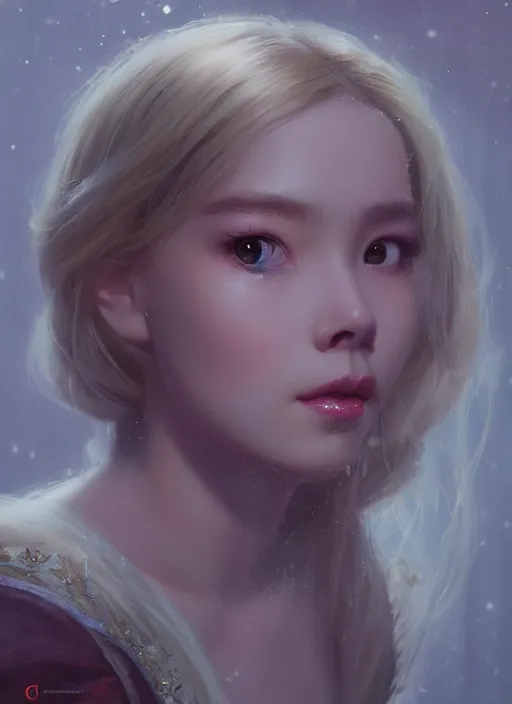 Image similar to of dark fantasy by Kyung Eom, young beautiful Belle Delphine, close up face portrait, medium shot, intricate, elegant, warm light, highly detailed, digital painting, volumetric light, artstation, concept art, smooth, sharp focus, illustration, art by Gil Elvgren and Adolf Wölfli and bruce pennington