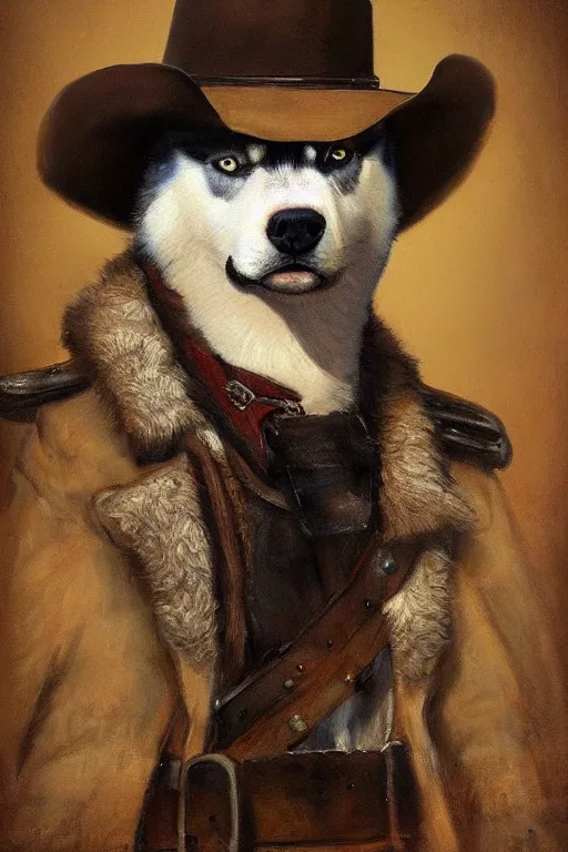 Prompt: a portrait painting of a husky in cowboy costume, wearing a cowboy hat, by rembrandt, [ western film ], [ red dead ], trending on artstation
