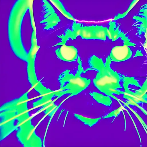 Image similar to cat head outline, laser eyes, portrait, vaporwave, synthwave, neon, vector graphics, cinematic, volumetric lighting, f 8 aperture, cinematic eastman 5 3 8 4 film, photorealistic