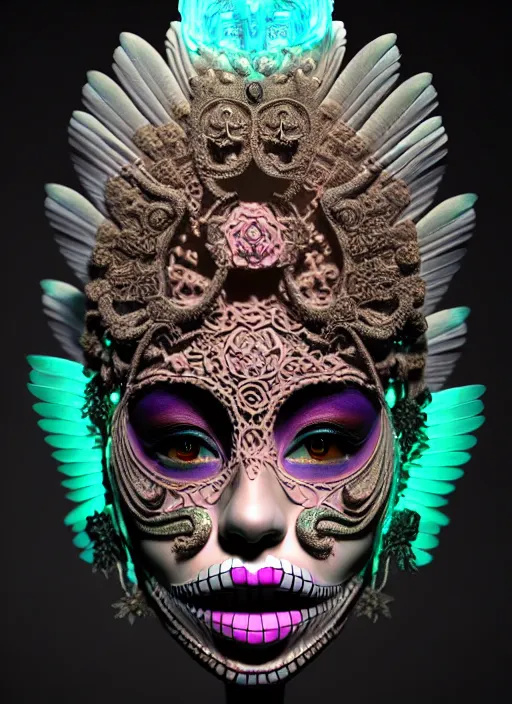 Image similar to 3 d mexican goddess profile portrait. beautiful intricate highly detailed day of the dead mask and feathers. low - key lighting, bioluminescent, plasma, lava, ice, water, wind, creature, quetzalcoatl, artwork by tooth wu and wlop and beeple and lee jeffries, 8 k trending on artstation,