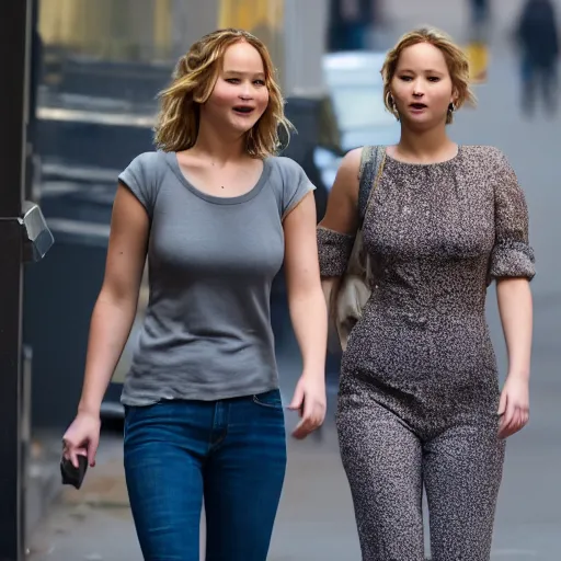 Image similar to Jennifer Lawrence and Jennifer Lawrence walking down the street together, soft focus, hyperdetailed, 8k