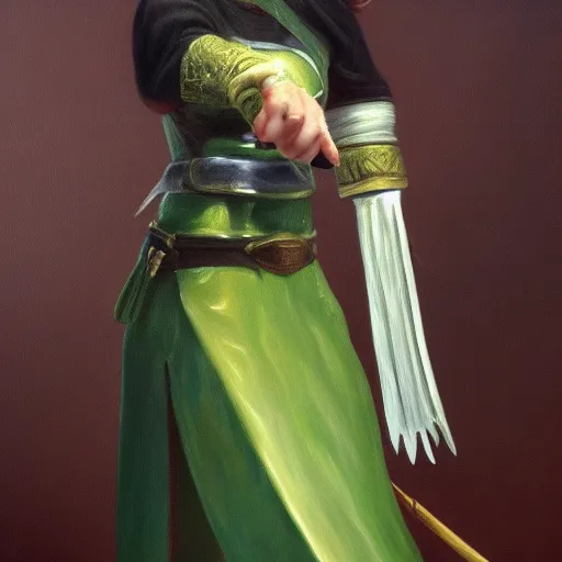 Image similar to oil painting of a jade sword hanging from the belt of a girl knight, hyperrealistic painting, deviantart, baroqe