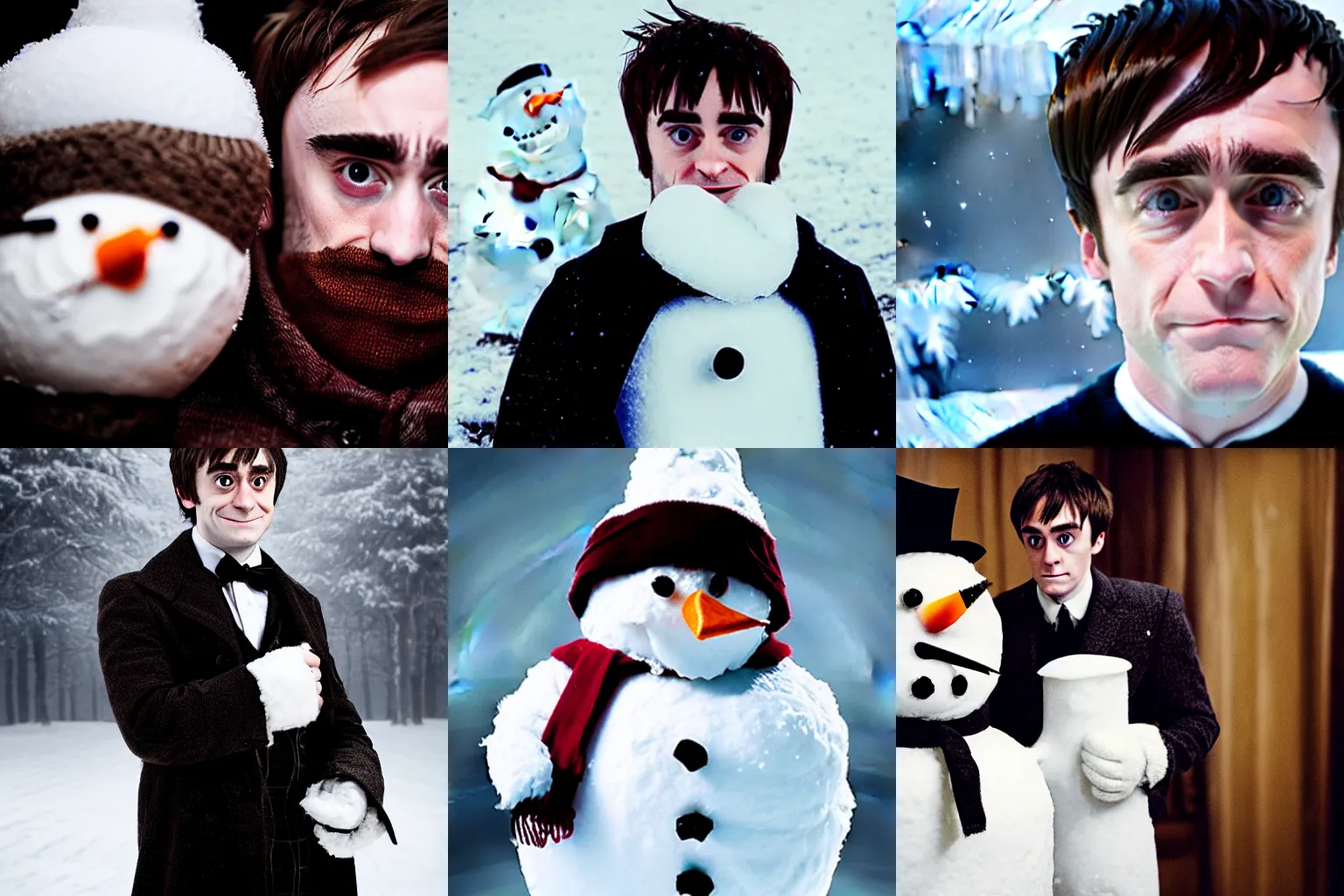 Prompt: a portrait photo of Daniel radcliff playing the role of a sad snowman