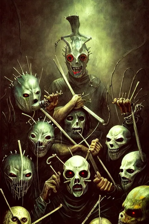 Prompt: hieronymus bosch, greg rutkowski, anna podedworna, painting of slipknot the band