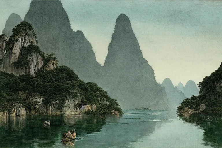 Prompt: white eastern dragon swimming in the river, guilin, by caspar david friedrich