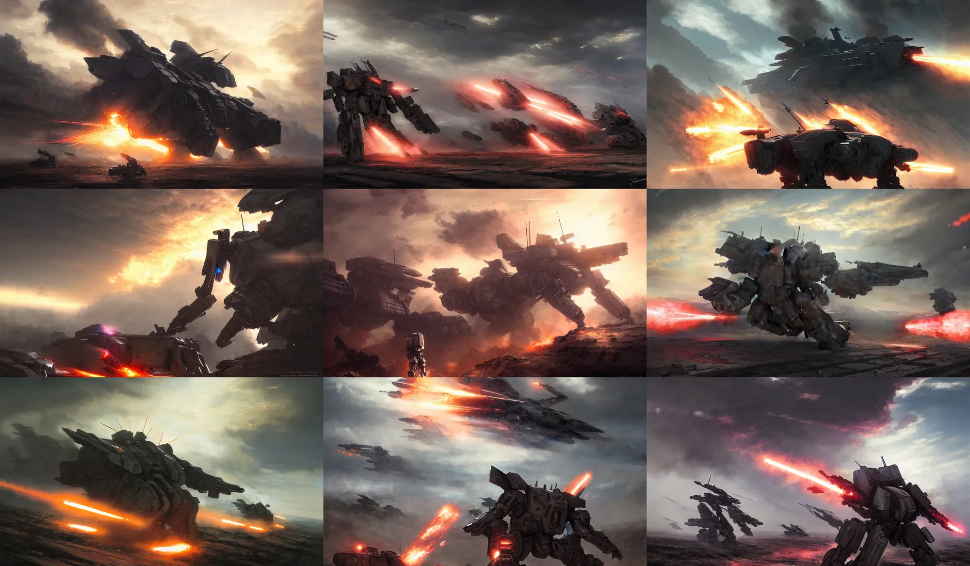 Image similar to an armored core on the ground, booster flares, legs, crossfire, karst landscape, clouds, daylight ; detailed illustrations, pastel tones, deep colors, clear lines, motion blur, by jordan grimme, greg rutkowski