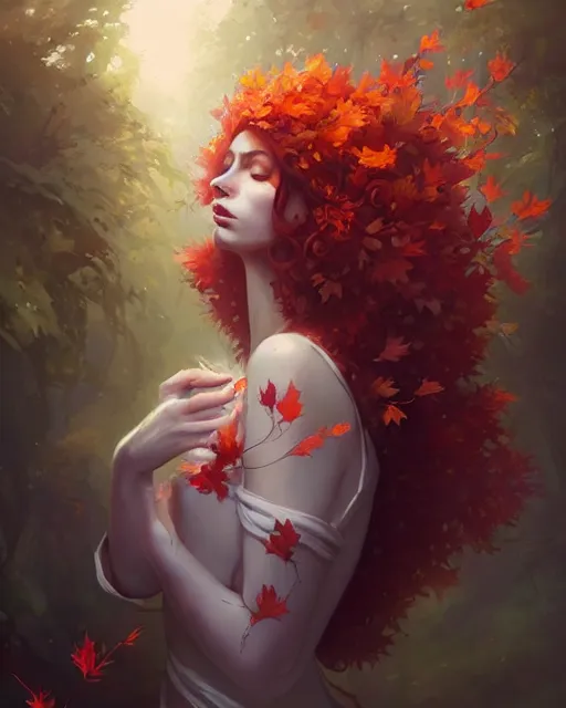 Prompt: beautiful autumn priestess with curly red - hair, flurry of leaves and flowers, warm aura, artgerm, peter mohrbacher, alena aenami, artstation