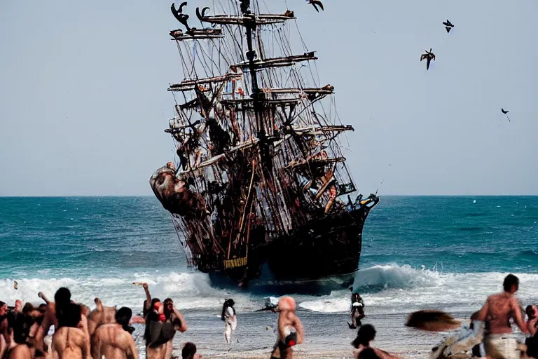 Prompt: closeup pirate couples running down beach as pirate ship fires canons, sand explosion by emmanuel lubezki