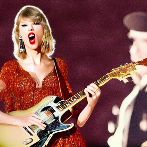 Prompt: taylor swift smashing a guitar over the head of hank williams jr, ultra realistic, highly detailed,