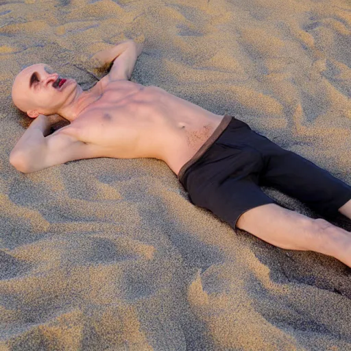 Prompt: nosferatu tanning out in the sun on the beach, photograph