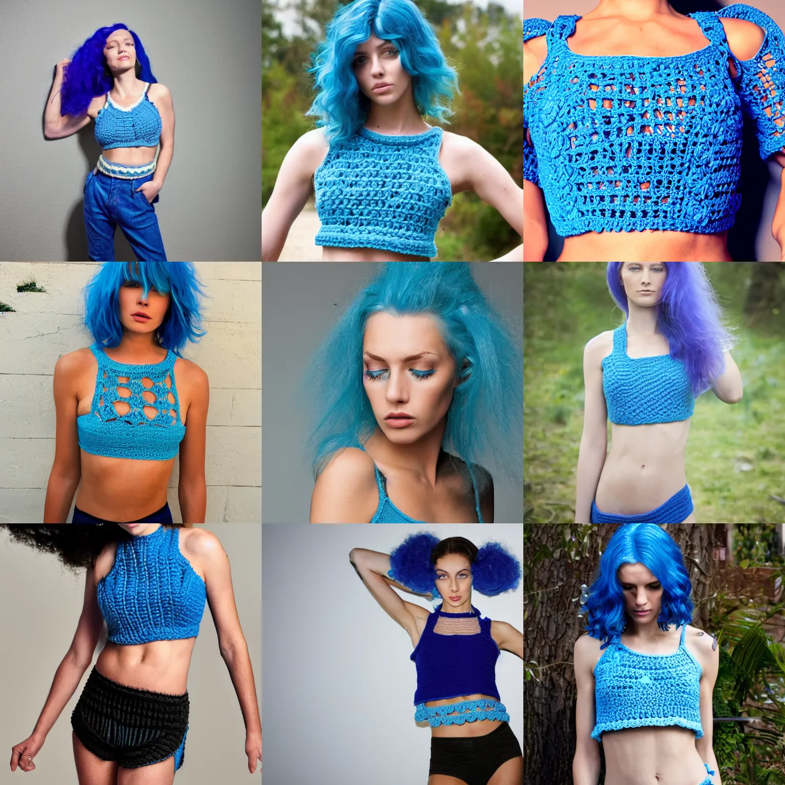 Image similar to A photo of a caucasian female model with blue hair wearing a crocheted croptop.