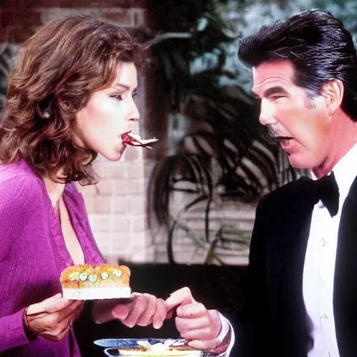 Prompt: tabloid photograph showing pierce brosnan forcing a skinny woman to eat cake against her will