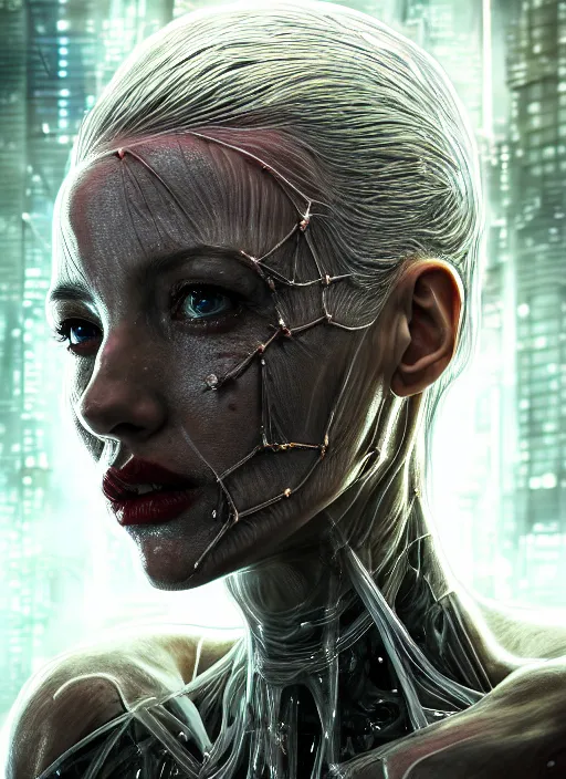 Image similar to 3 / 4 portrait, queen, crown, transparent skin, muscle, bones, veins, nerves, hyperrealism, detailed, photorealistic, cyberpunk apocalyptic city, futuristic, ultra realistic, cinematic, intricate, cinematic light, unreal engine 8 k, octane render, unreal engine by charlie bowater, david kostic, stanley lau, artgerm