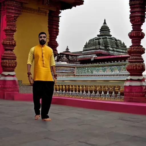 Prompt: drake, hindu temple in background, wearing a silk kurta, photograph