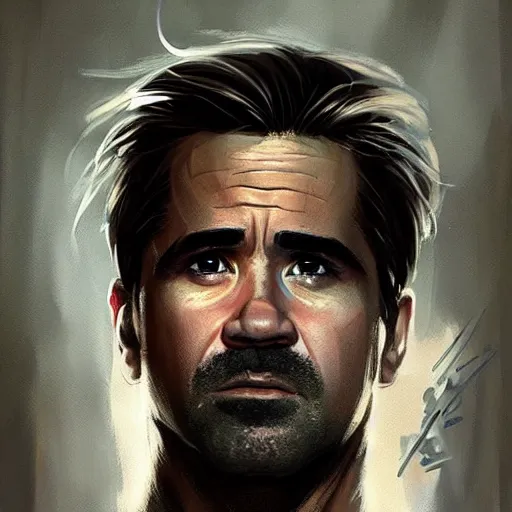 Image similar to “Portrait of Colin Farrell by Greg Rutkowski, young, attractive, highly detailed portrait, scifi, digital painting, artstation, concept art, smooth, sharp foccus ilustration, Artstation HQ”