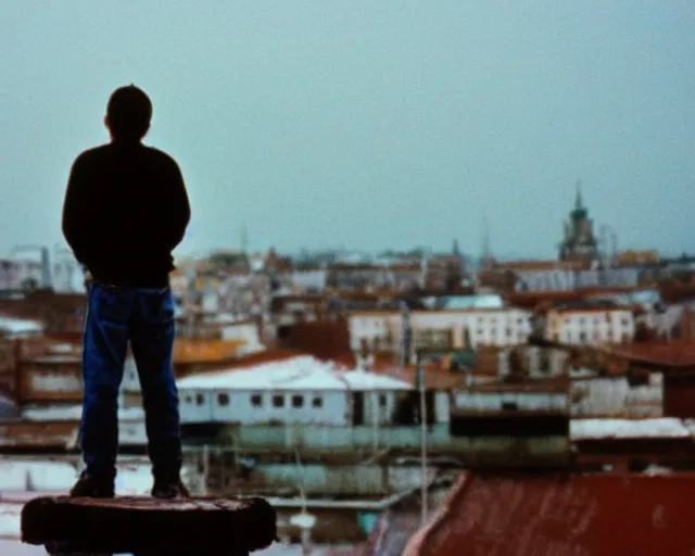 Image similar to lomo photo of man standing on the roof of soviet hrushevka, small town, cinestill, bokeh, out of focus