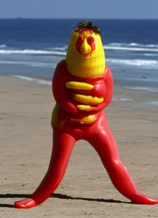 Image similar to jeff goldblum as a banana tomato on the sand of a beach