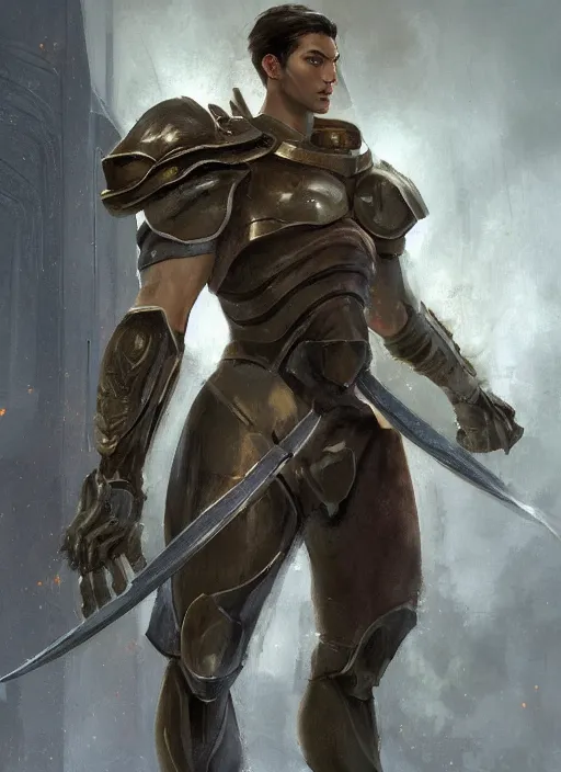 Prompt: a professional painting of a muscular young male, clothed in military armor, olive skin, long dark hair, beautiful bone structure, well defined physique, symmetrical facial features, intricate, elegant, digital painting, concept art, smooth, sharp focus, illustration, from Knights of the Old Republic, by Ruan Jia and Mandy Jurgens and Artgerm and William-Adolphe Bouguerea