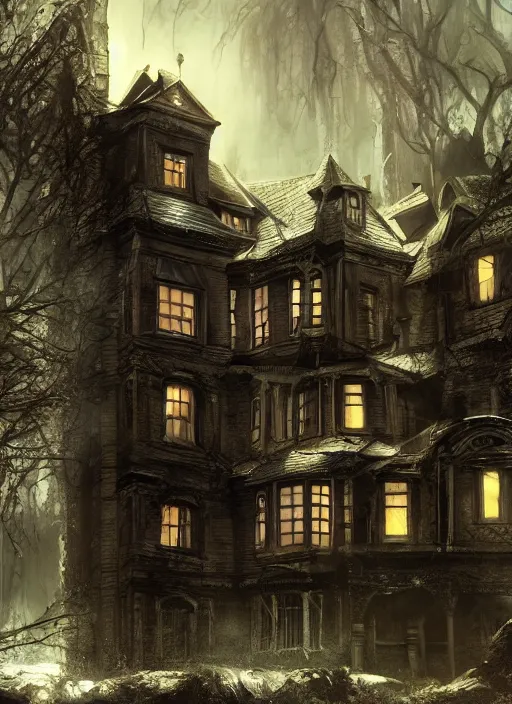 Image similar to the haunted house , architectually correct, Dynamic lighting, cinematic, establishing shot, extremely high detail, photo realistic, cinematic lighting, , post processed denoised, concept design, concept art, artstation, matte painting, midjourney, style by alex ross, neal adam