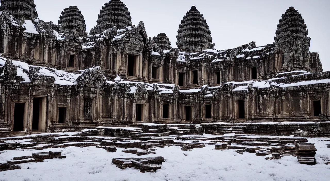 Image similar to Angkor Wat ruins covered in snow, dramatic dawn cinematic lighting, hyper photorealistic, close detail, interior,