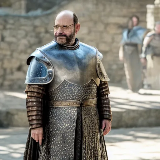 Prompt: film still of George Costanza as knight in game of thrones