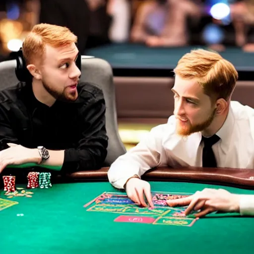 Prompt: paymoneywubby and sodapoppin in las vegas, gambling, lifelike, shot by martin scorsese