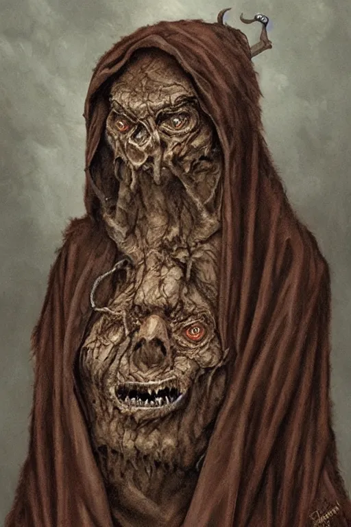 Image similar to a sniveling rat person wearing a decaying brown cloak, painting by ed binkley