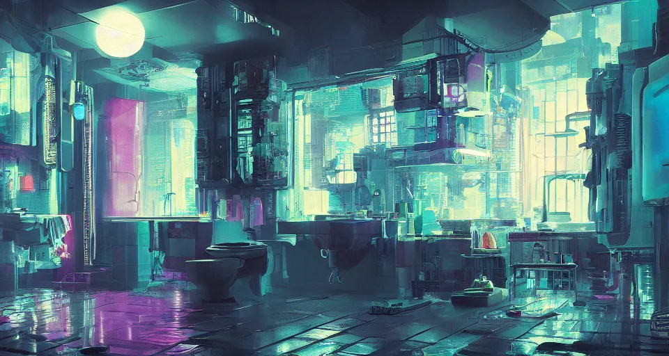 Image similar to IKEA catalogue photo of a cyberpunk bathroom, by Paul Lehr, 8k, HD, realistic, cinematic, artstation, details