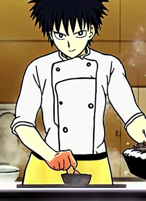 Image similar to chef saitama one punch man, dressed as a pastry chef, focused at making a cake, beautiful anime artwork