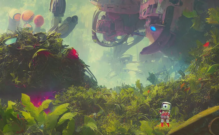 Image similar to a beautiful painting of a cute adorable kawaii futuristic vr plastic android astronaut sitting on a lush planet of foliage, the destroyed wreckage of a crashed spaceship, steam, thick colorful smoke, ross tran, ron walotsky, greg rutkowski, trending on artstation