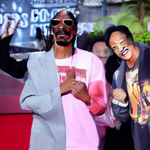 Image similar to a picture of the rock, snoop Dogg and Jackie Chan posing together for the camera