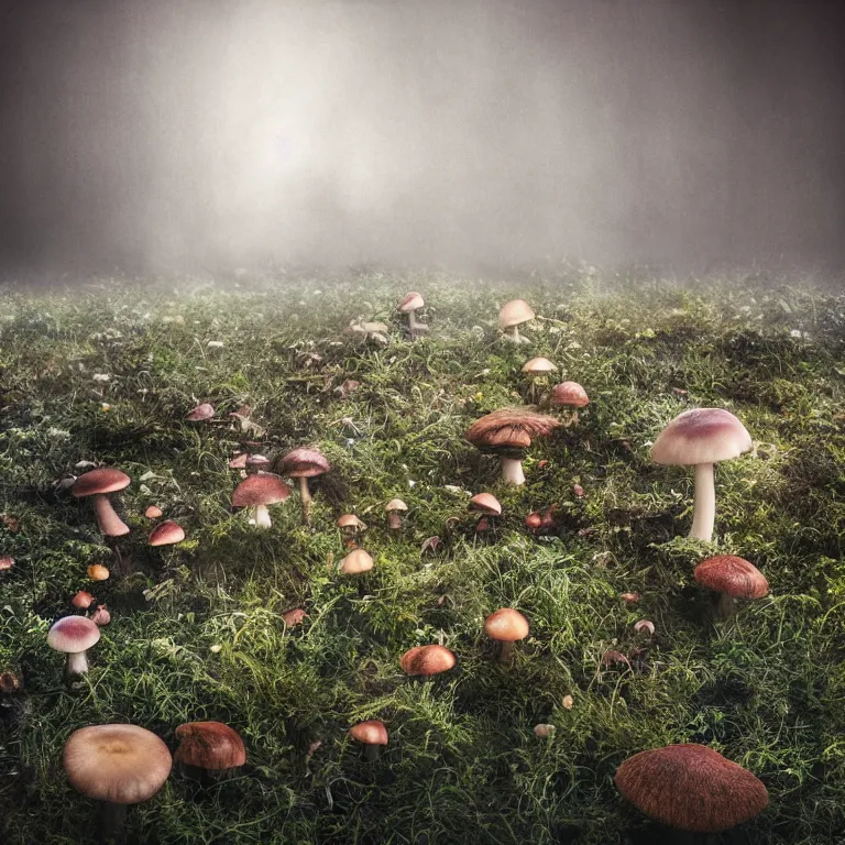 Image similar to a planet of various fungus like trees, mushrooms, flowers and plants, artistic photography, muted colors, conceptual, long exposure outside the city, volumetric light