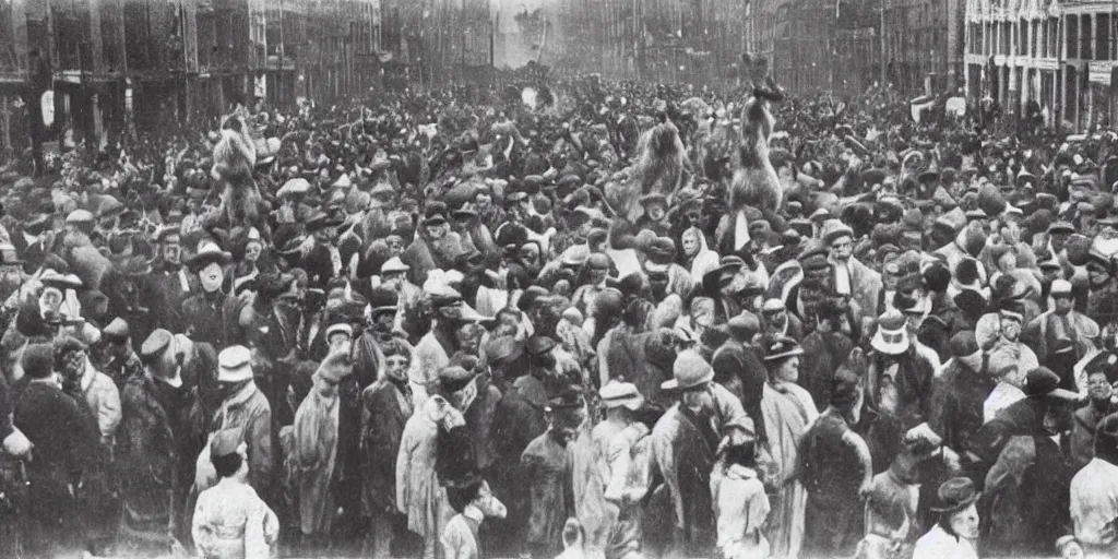 Prompt: scary unproportionable tall ghost creature in the middle of a crowd, 1900s picture