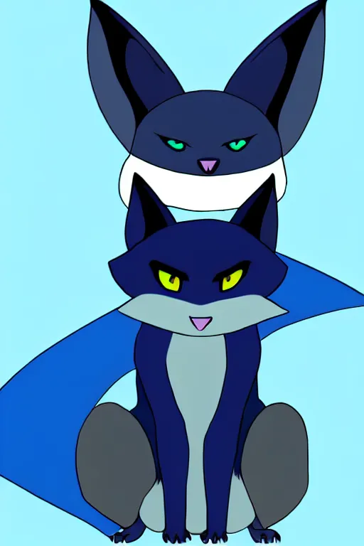 Image similar to a blue - and - black male catbat fursona with blue / green heterochromatic eyes ( differently - colored eyes, one green, one blue ) and huge bat ears, photo of the catbat streaming on his computer