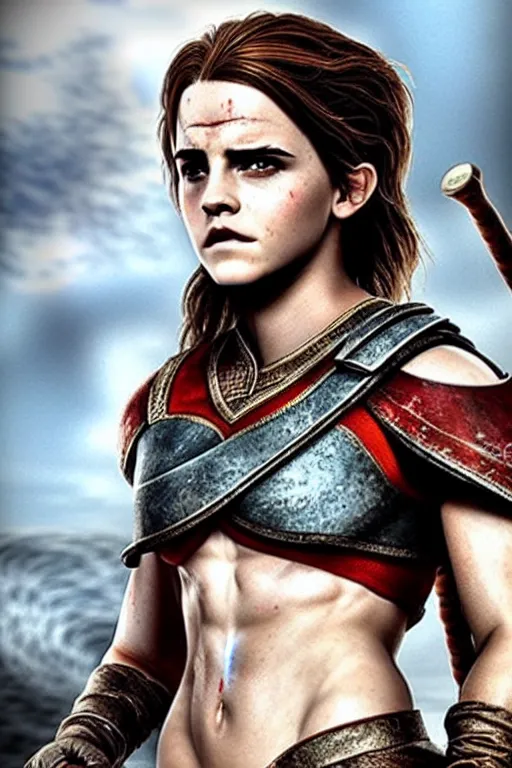 Image similar to Emma Watson as Kratos, brutal, detailed realistic, photorealistic, full body