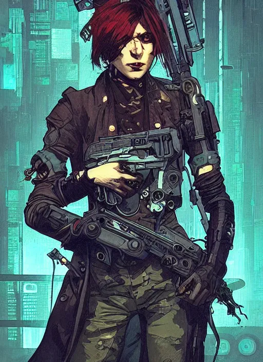Prompt: cyberpunk assassin. codename : butcher. portrait by ashley wood and alphonse mucha and laurie greasley and josan gonzalez and james gurney. illustration, pop art, cinematic. realistic proportions. moody industrial setting. artstationhq. smooth. sharp focus.