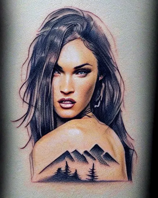 Image similar to double exposure effect tattoo design sketch of megan fox with amazing mountain scenery, realism tattoo, in the style of den yakovlev, amazing detail, sharp