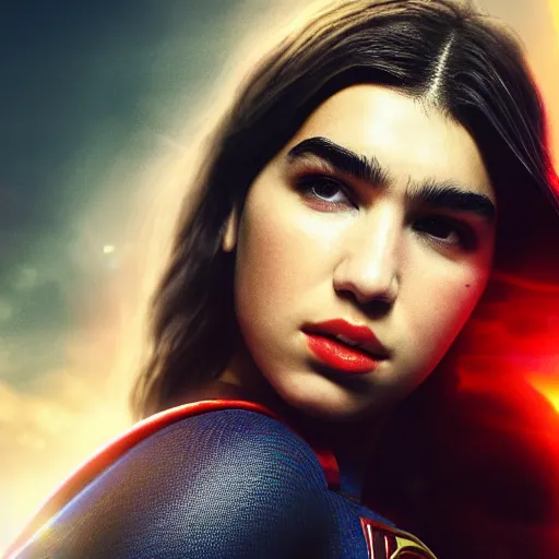 Image similar to a potrait of dua lipa potrayed as Supergirl by Zack Snyder, Christopher Nolan, 8k photorealistic, cinematic lighting, HD, high details, dramatic, trending on artstation, above view, dark atmosphere,