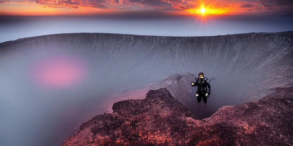 Prompt: amazing landscape photo of a scuba diver!!! standing on the volcano crater at sunrise by Charlie Waite and Marc Adamus beautiful dramatic lighting, surrealism