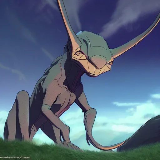 Image similar to concept art painting of an alien animal creature, detailed, cel shaded, in the style of makoto shinkai and moebius and james gurney