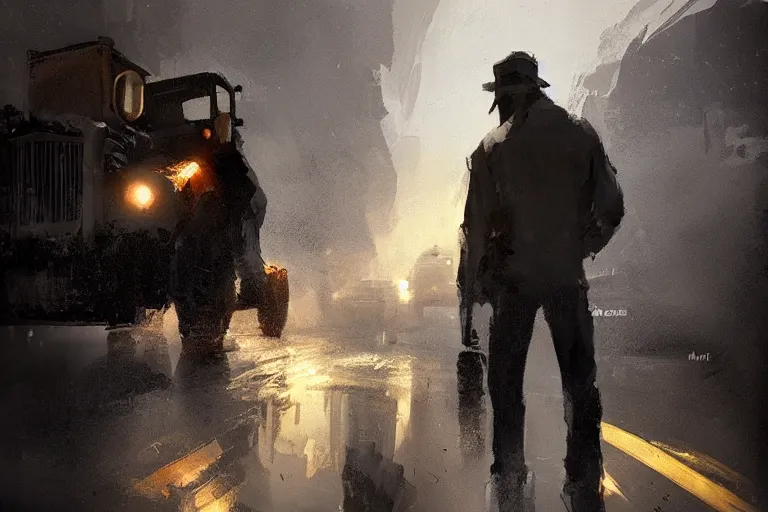 Image similar to epic concept art of a man standing with an oncoming truck. backlighting. strong contrast. by ashley wood and j. m. w. turner, speed painting, photo bash, cinematic angle, super detailing, strong perspective