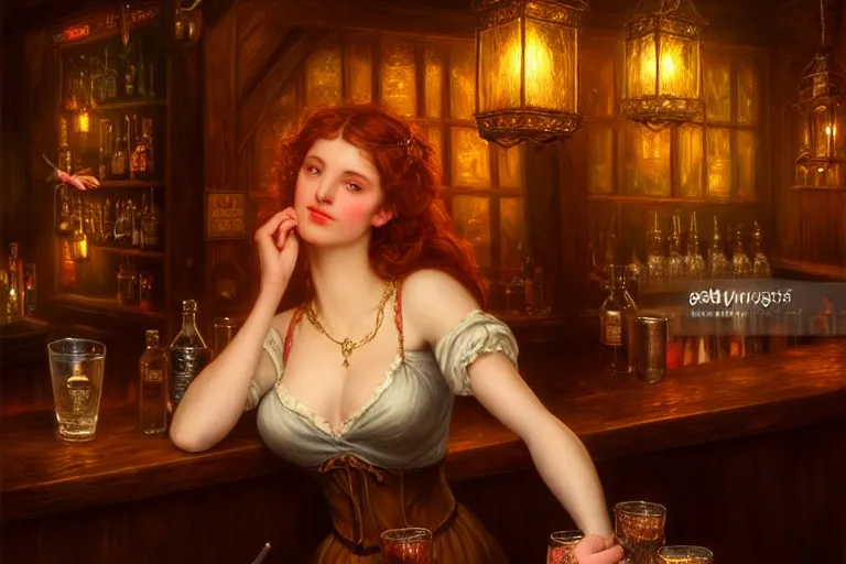 Image similar to a beautiful barmaid, dimly lit cozy tavern, relaxed pose, fantasy, intricate, elegant, dramatic lighting, emotionally evoking symbolic metaphor, highly detailed, lifelike, photorealistic, digital painting, artstation, concept art, smooth, sharp focus, illustration, art by John Collier and Albert Aublet and Krenz Cushart and Artem Demura and Alphonse Mucha, epic composition, grim yet sparkling atmosphere, dim volumetric lighting, 8k octane beautifully detailed render, post-processing, extremely hyperdetailed, cinematic lighting + masterpiece, trending on artstation